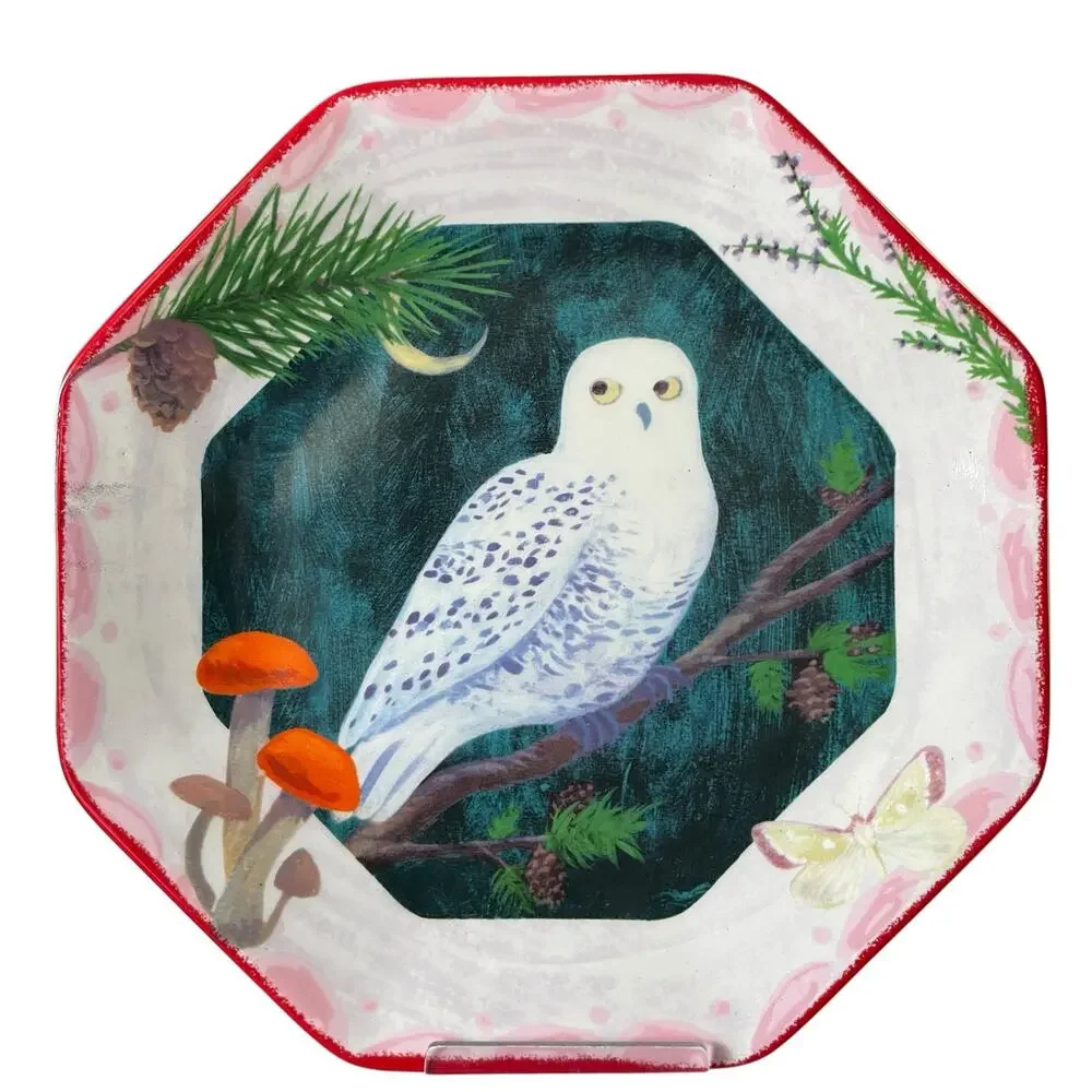 Floral OWL Octagonal Salad Dessert Plates 8in Set of 5 Colorful Ceramic NEW